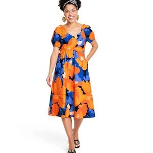 Target x Tabitha Brown Vibrant Floral Dress in Orange and Blue Open Back Size 6
